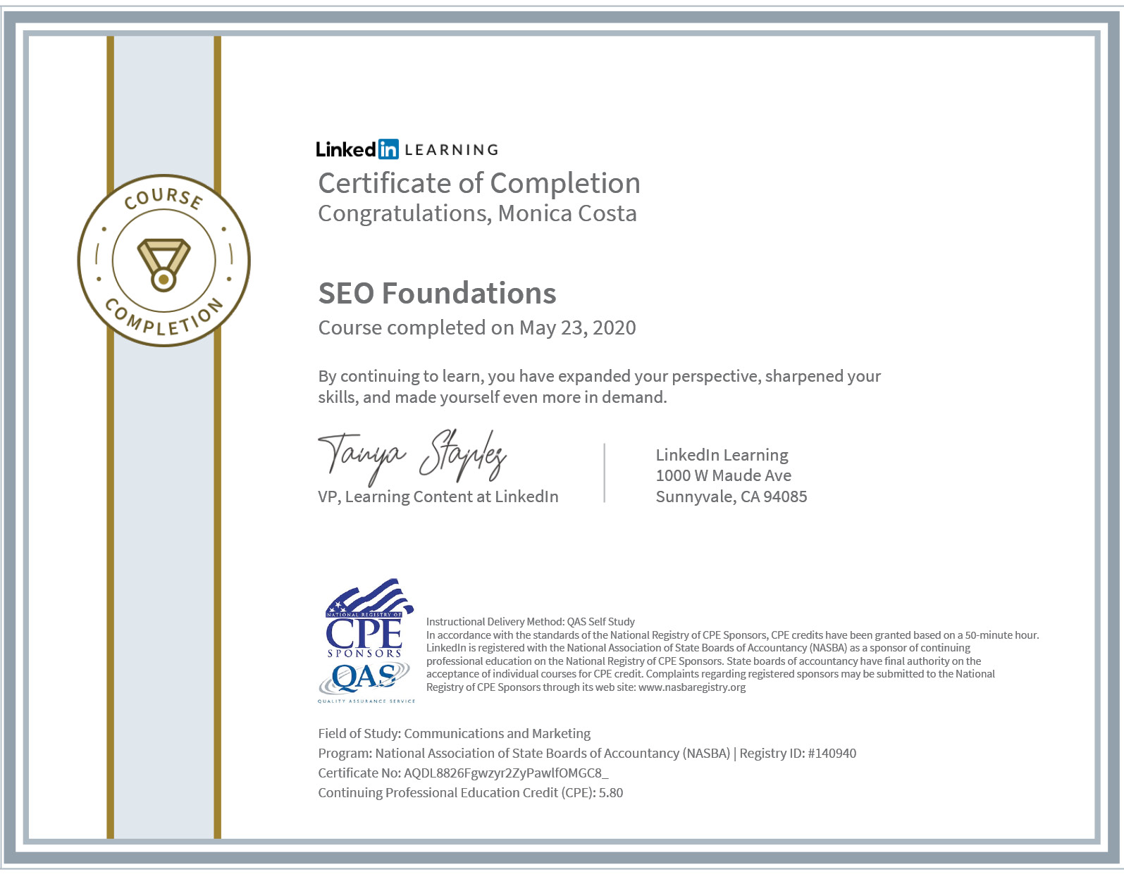 certificate SEO foundation CPE