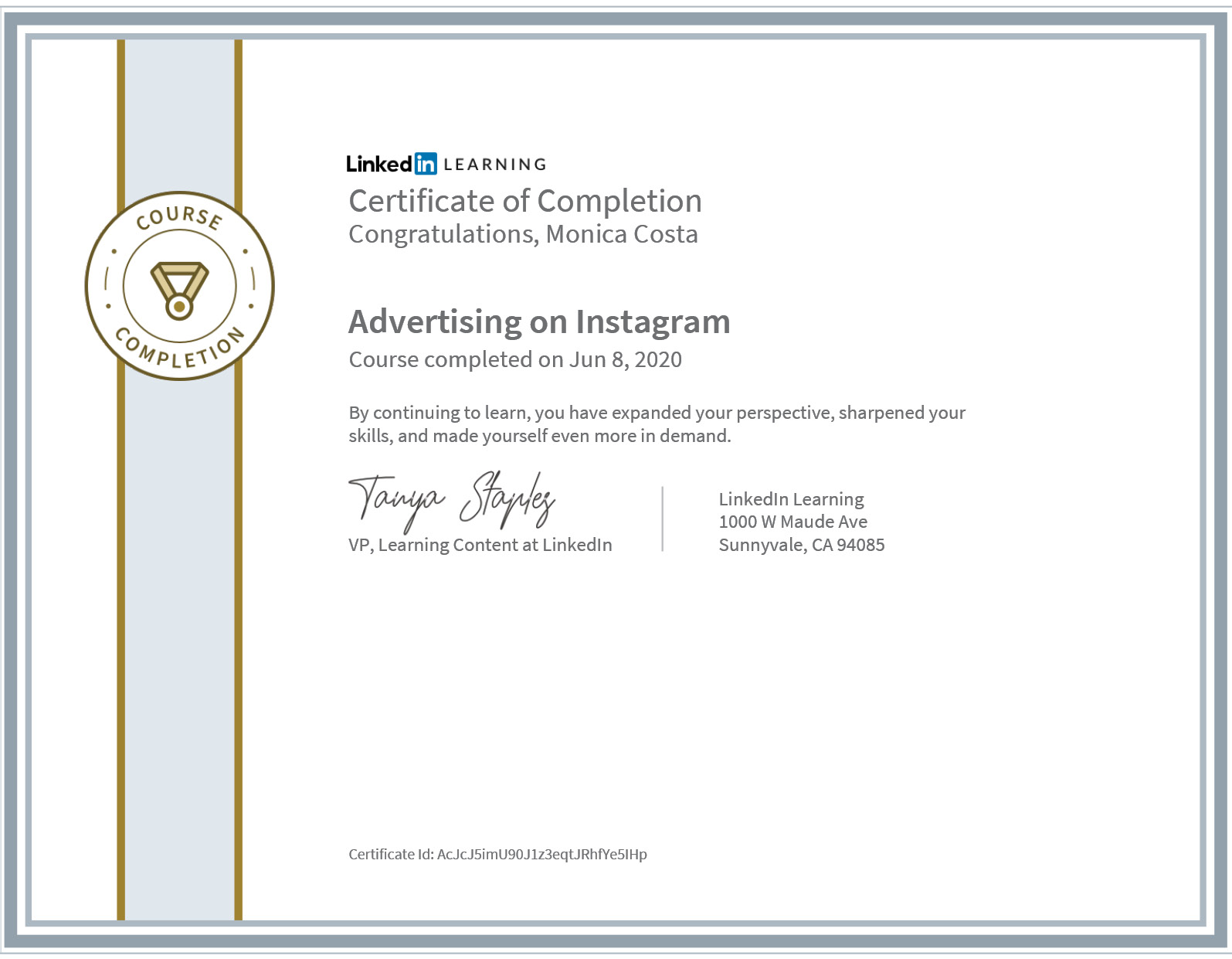 certificate advertising on Instagram