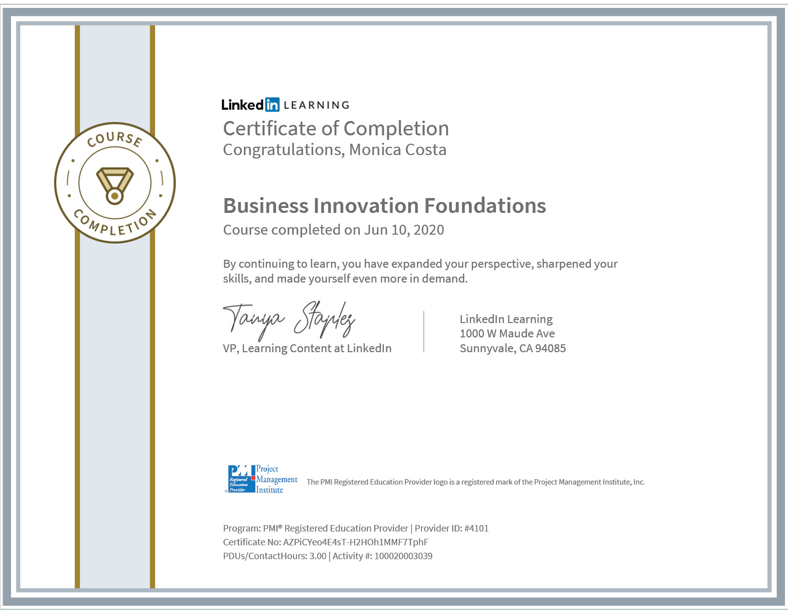 certificate PMI business innovation foundation