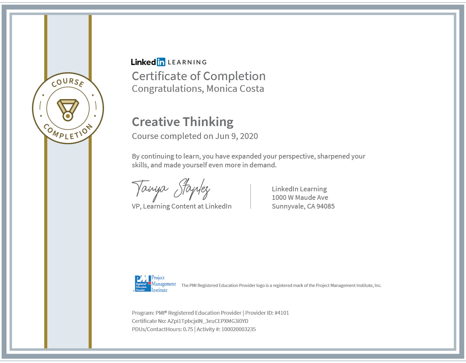 certificate creative thinking PMI