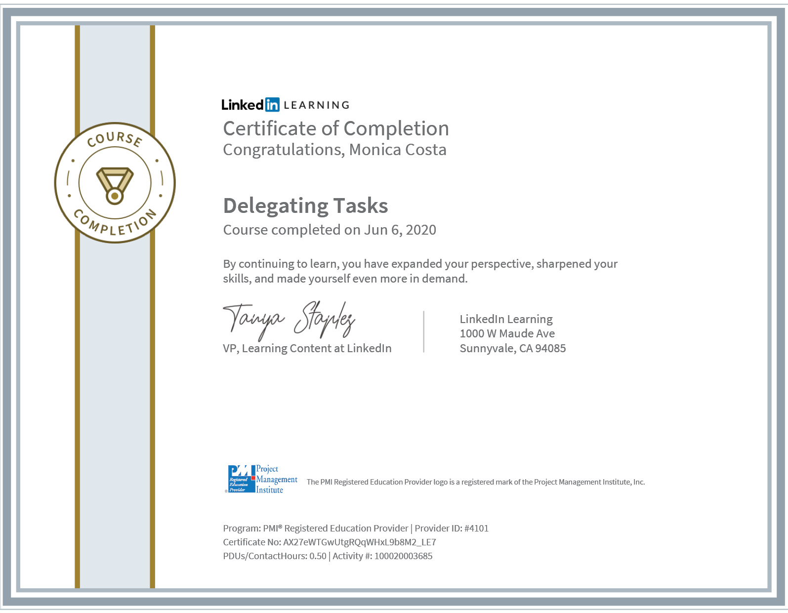 certificate delegating tasks PMI
