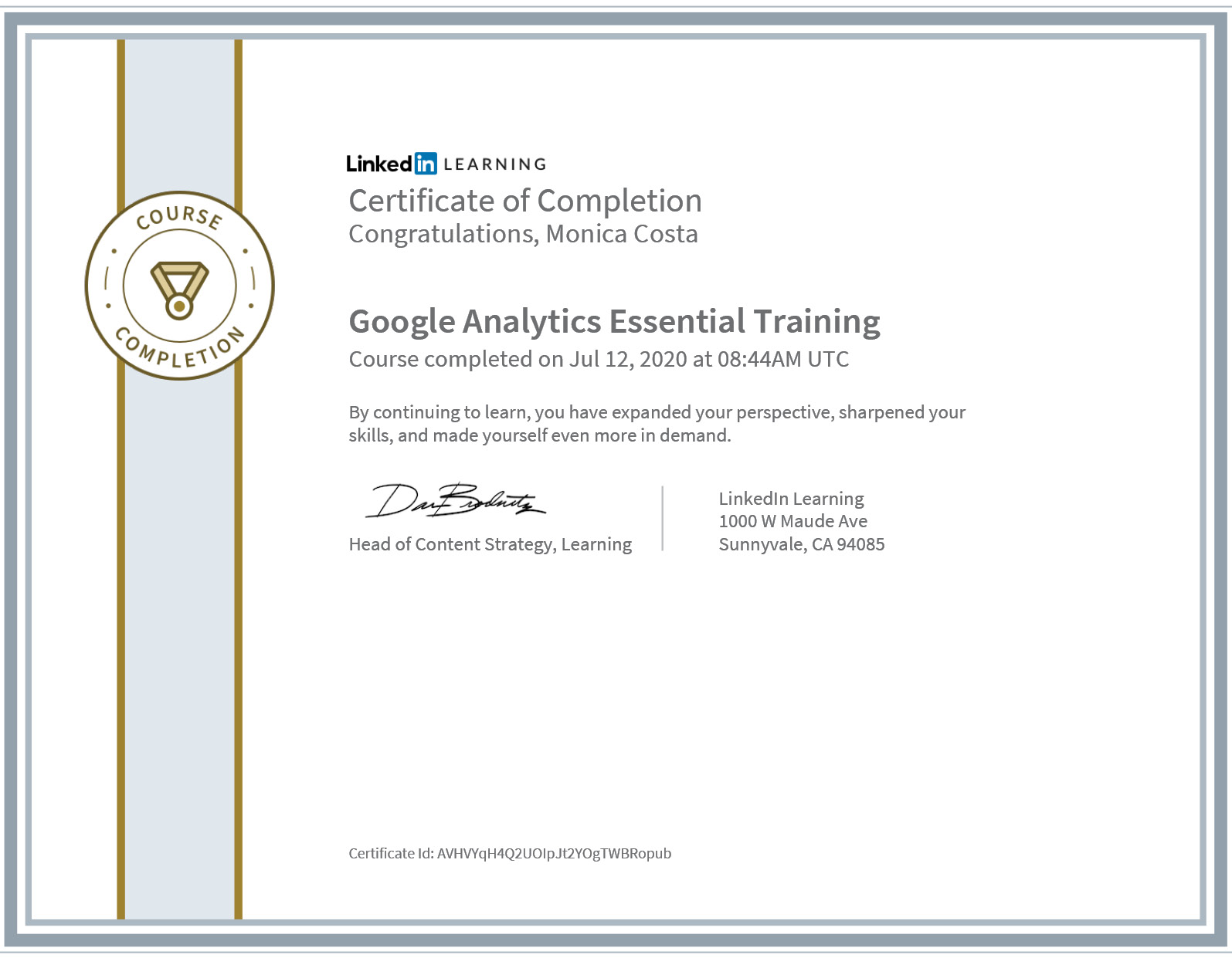 certificate Google Analytics essential training