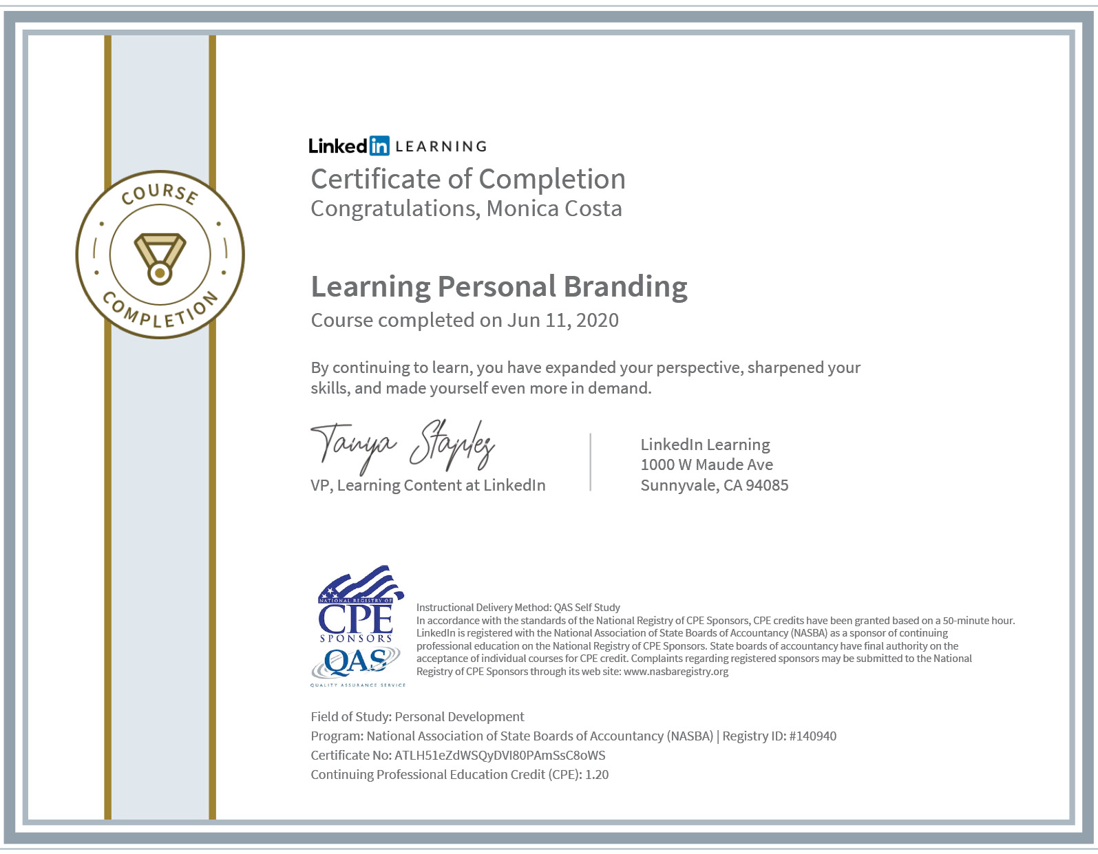 certificate CPE learning personal branding