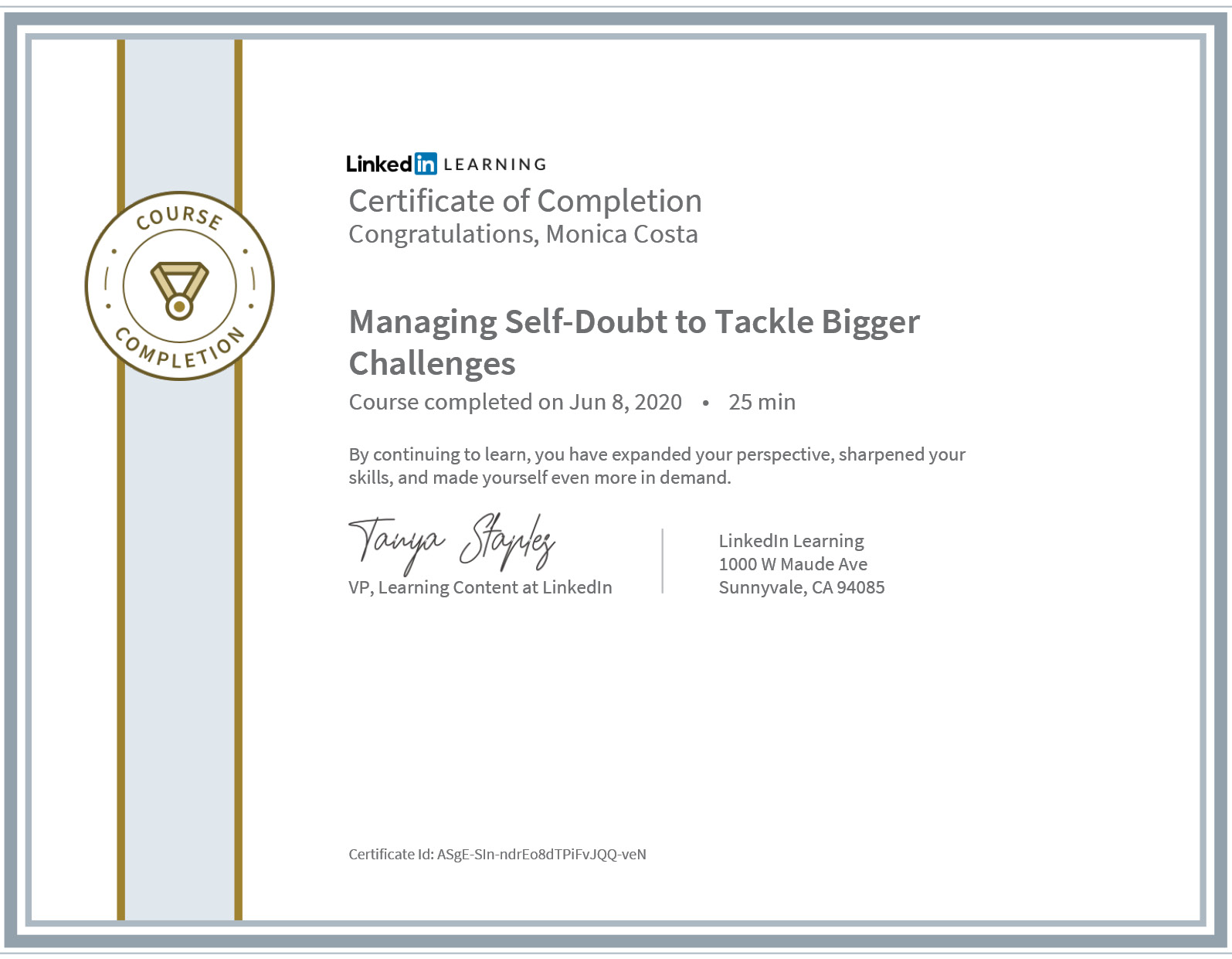 certificate managing self doubt