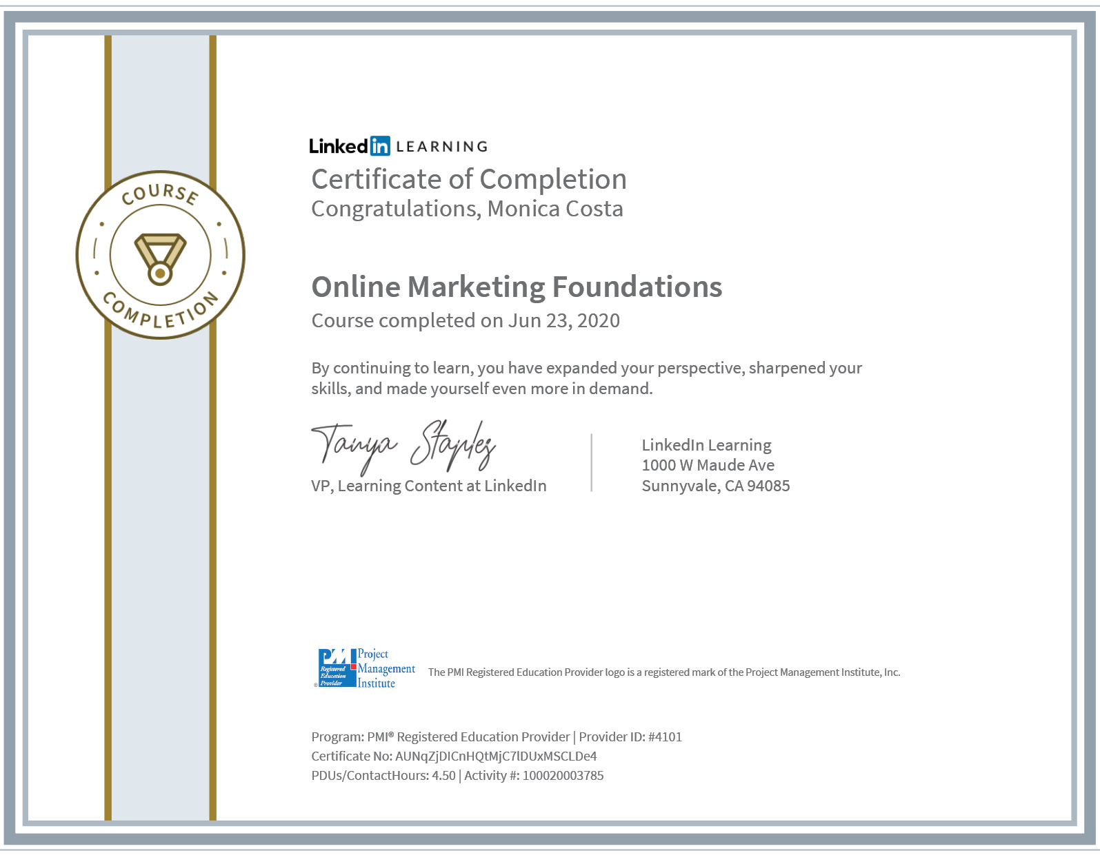 certificate online marketing foundation PMI