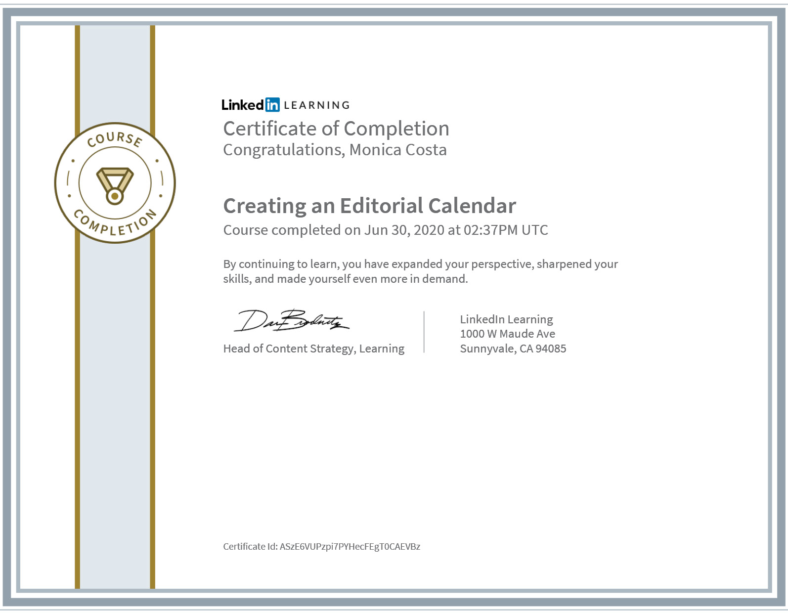 Certificate create an editorial calendar