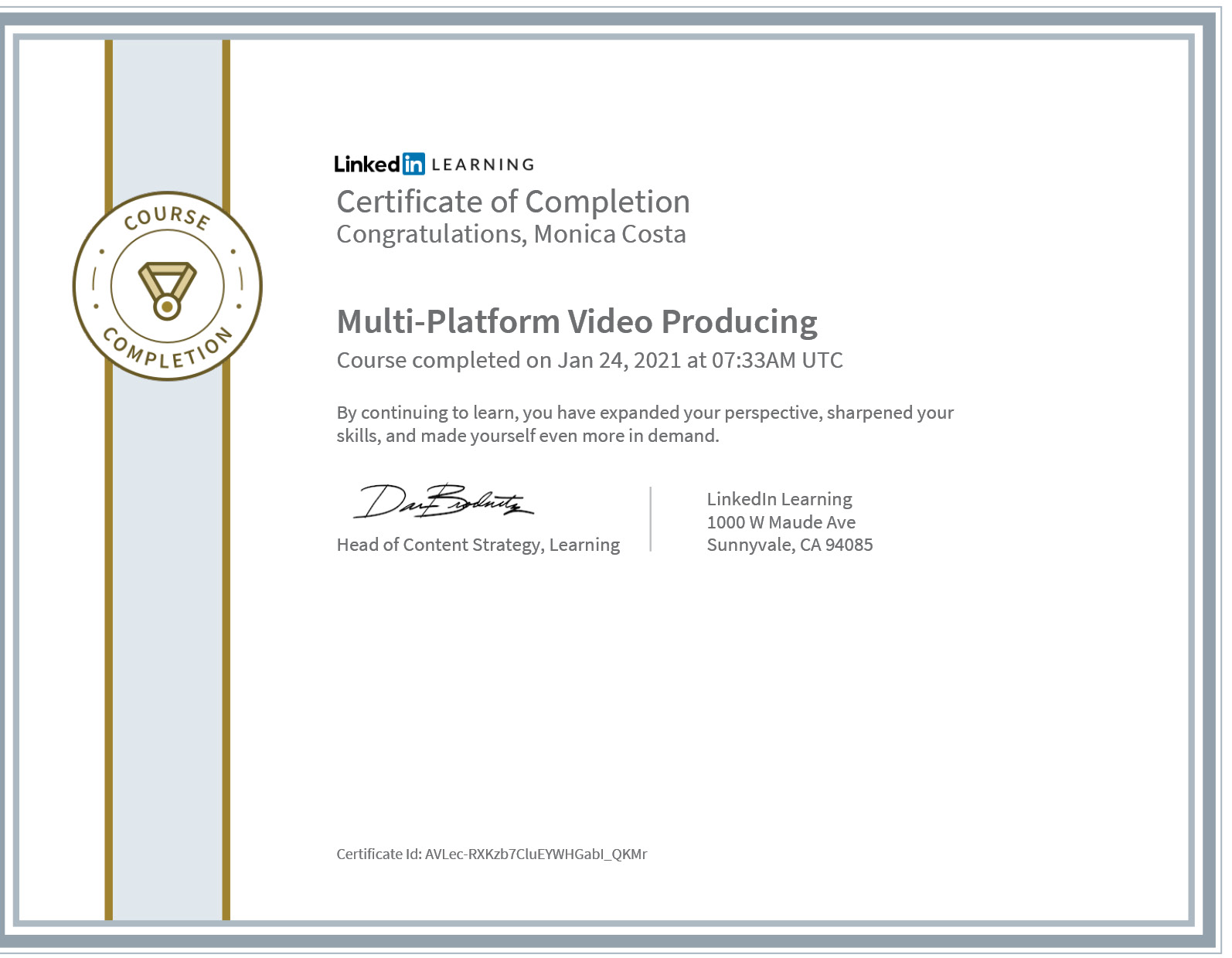 Certificate multi platform video producing