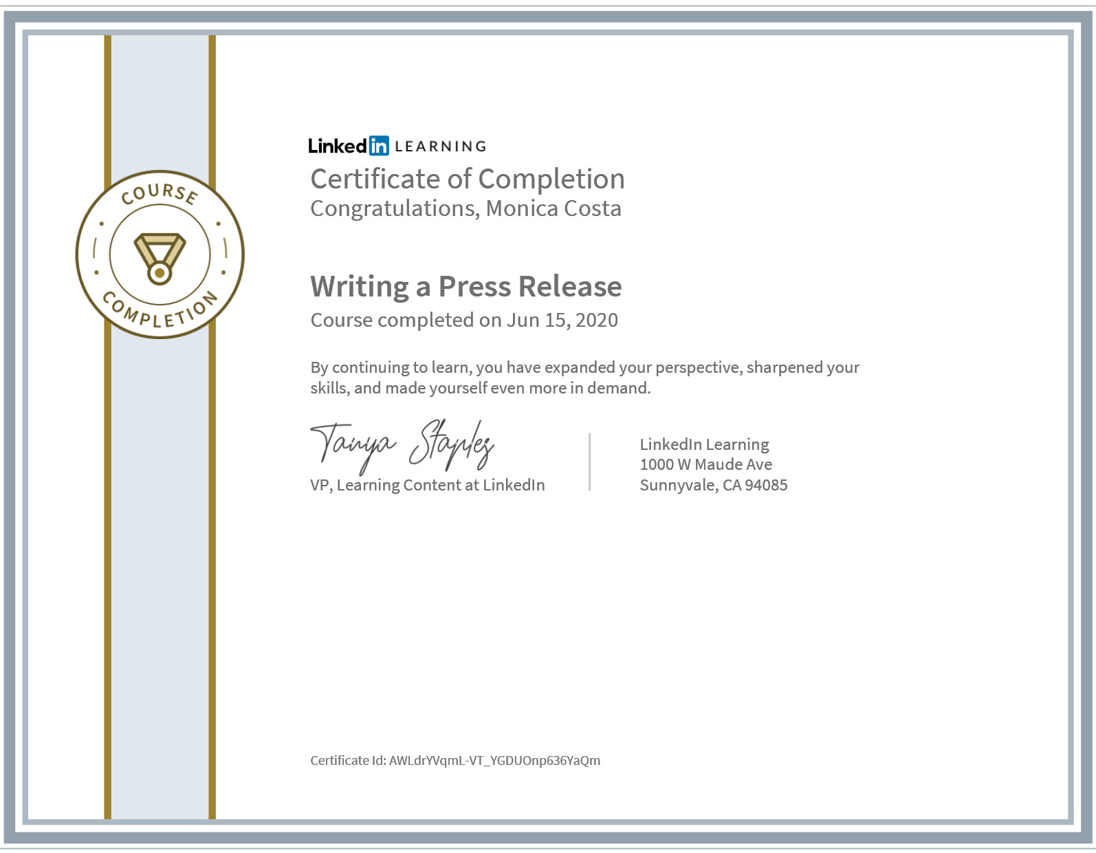 Certificate writing a press release